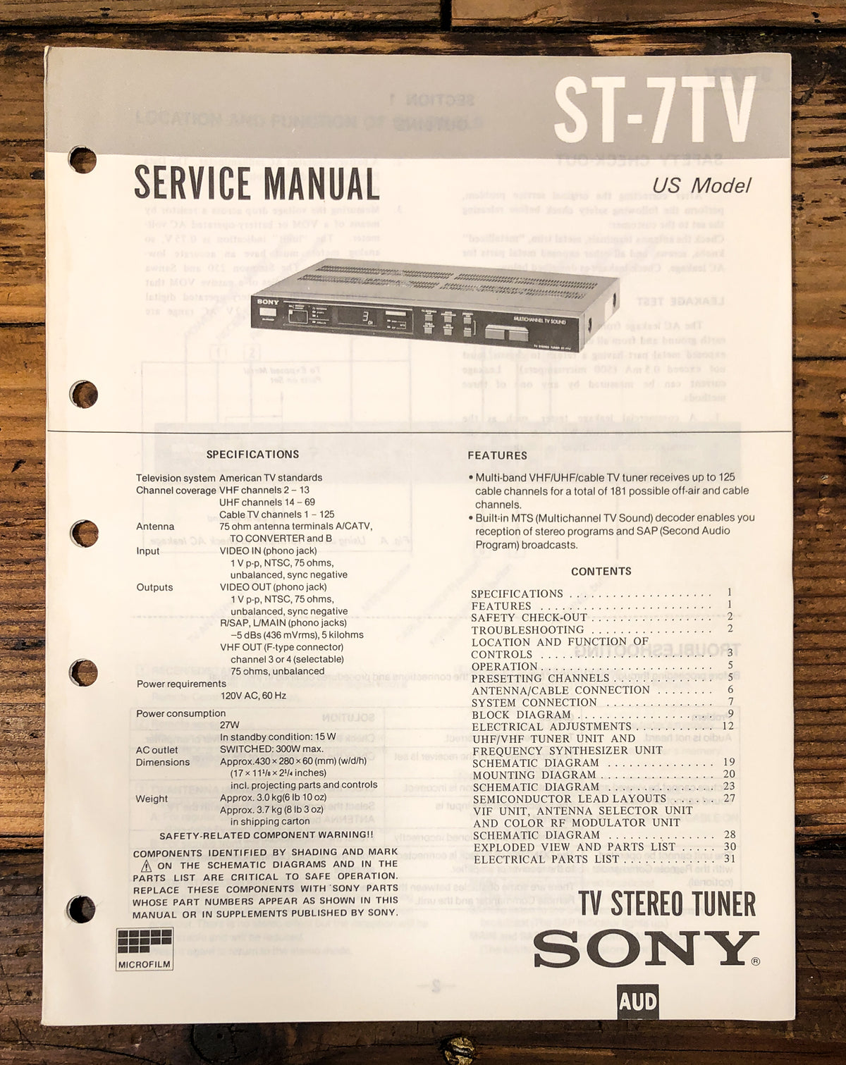 Sony ST-7TV Tuner Service Manual *Original*
