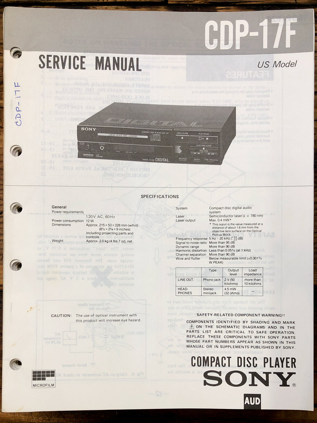 Sony CDP-17F CD Player Service Manual *Original*