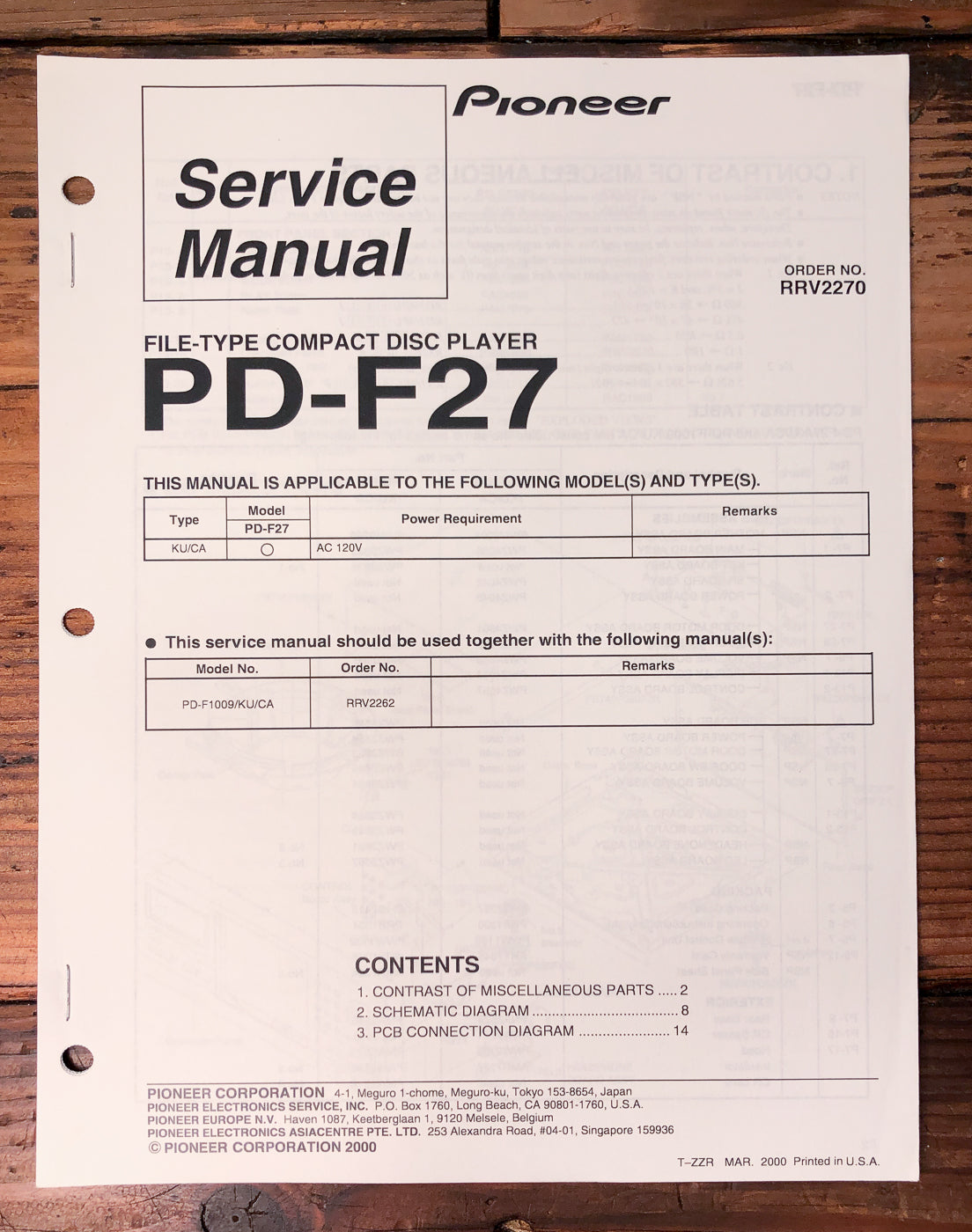 Pioneer PD-F27 File-Type CD Player Supp. Service Manual *Original*