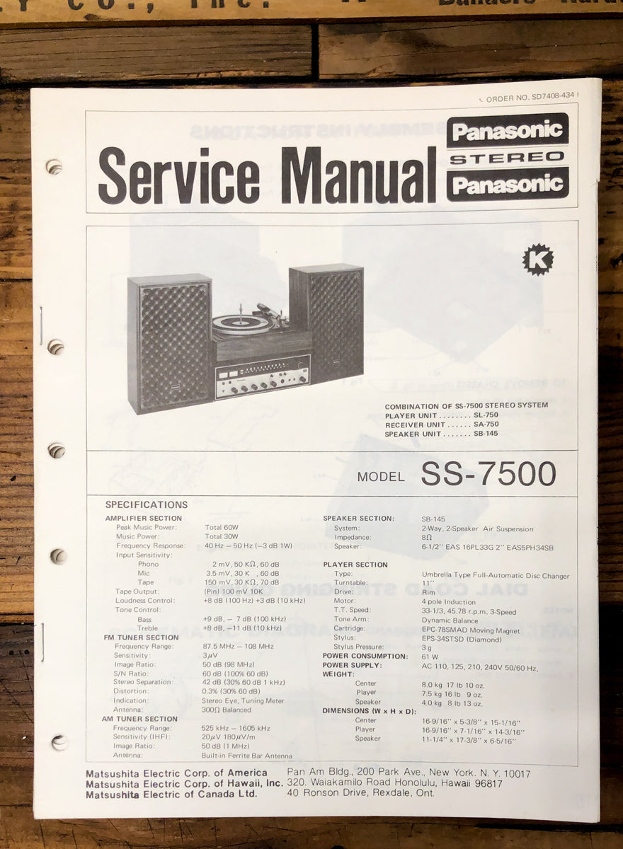 Panasonic SS-7500 Stereo Service Manual *Original*