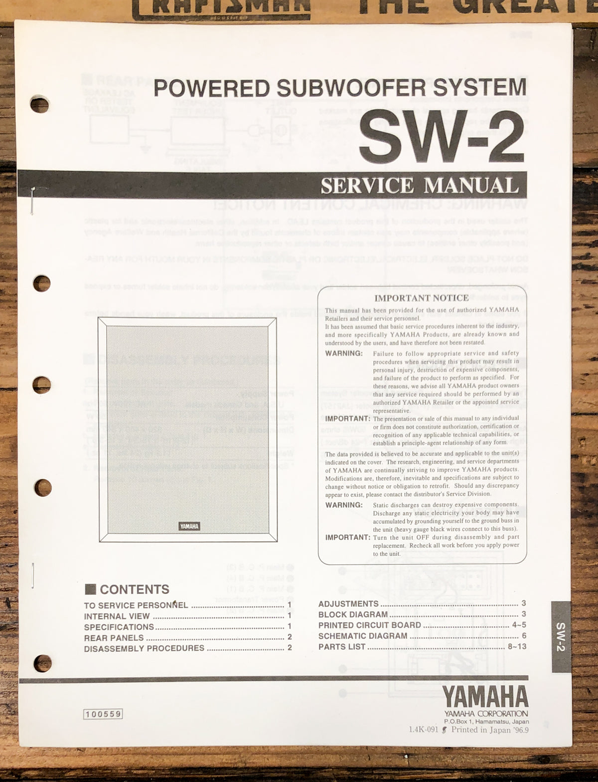 Yamaha SW-2 Subwoofer Service Manual *Original*