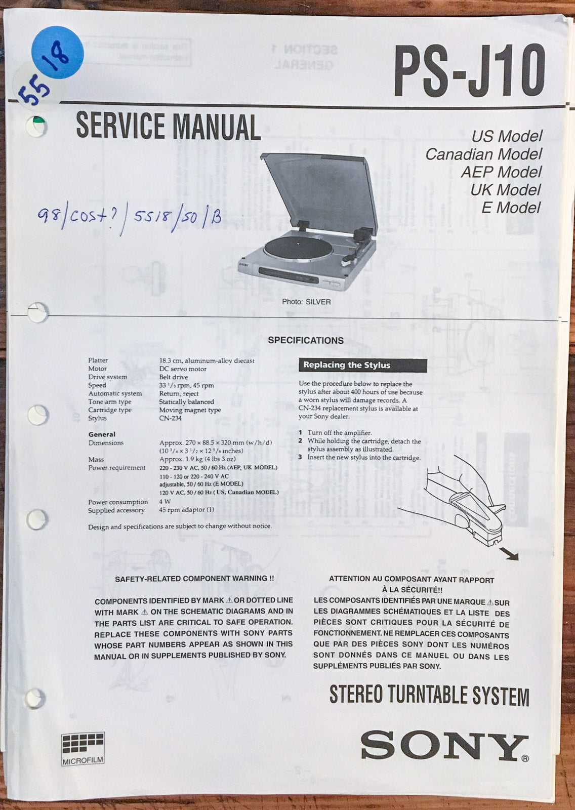 Sony PS-J10 Record Player / Turntable Service Manual *Original*