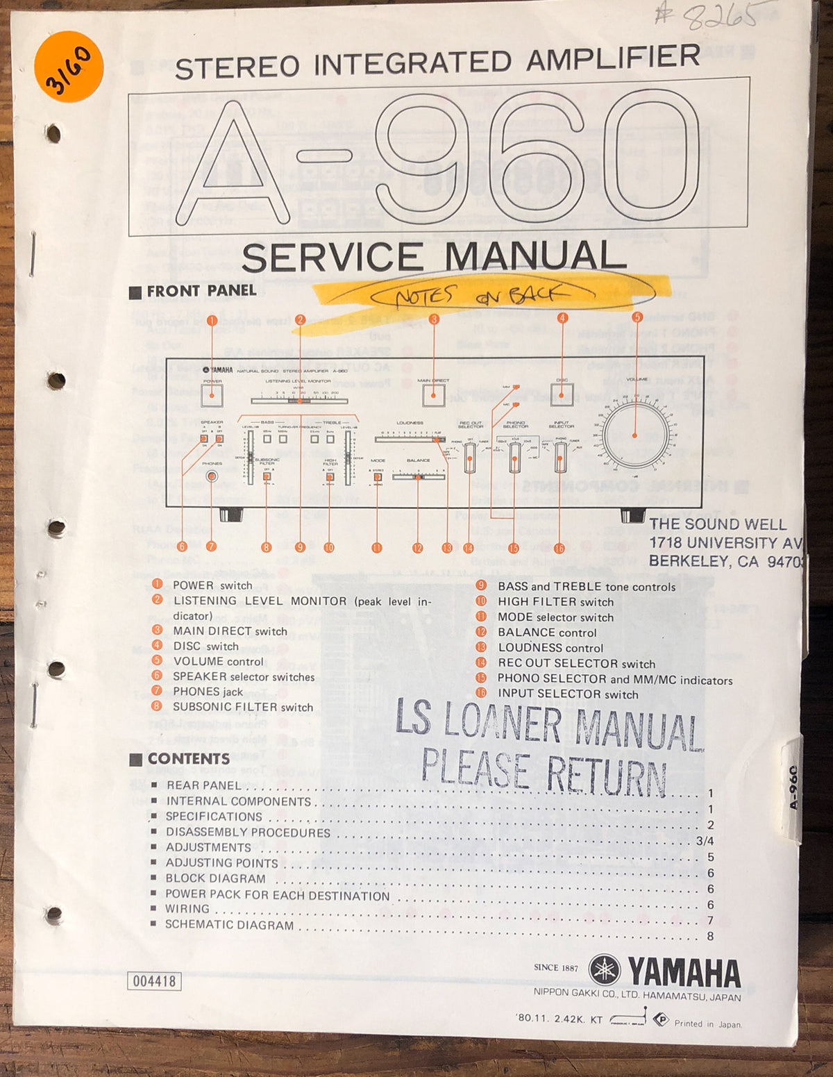 Yamaha A-960 Amplifier Service Manual *Original*