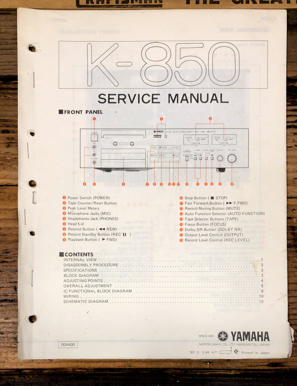 Yamaha K-850 Cassette Service Manual *Original*