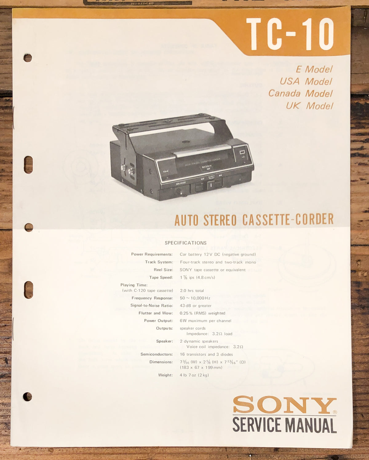 Sony TC-10 Cassette Service Manual *Original*