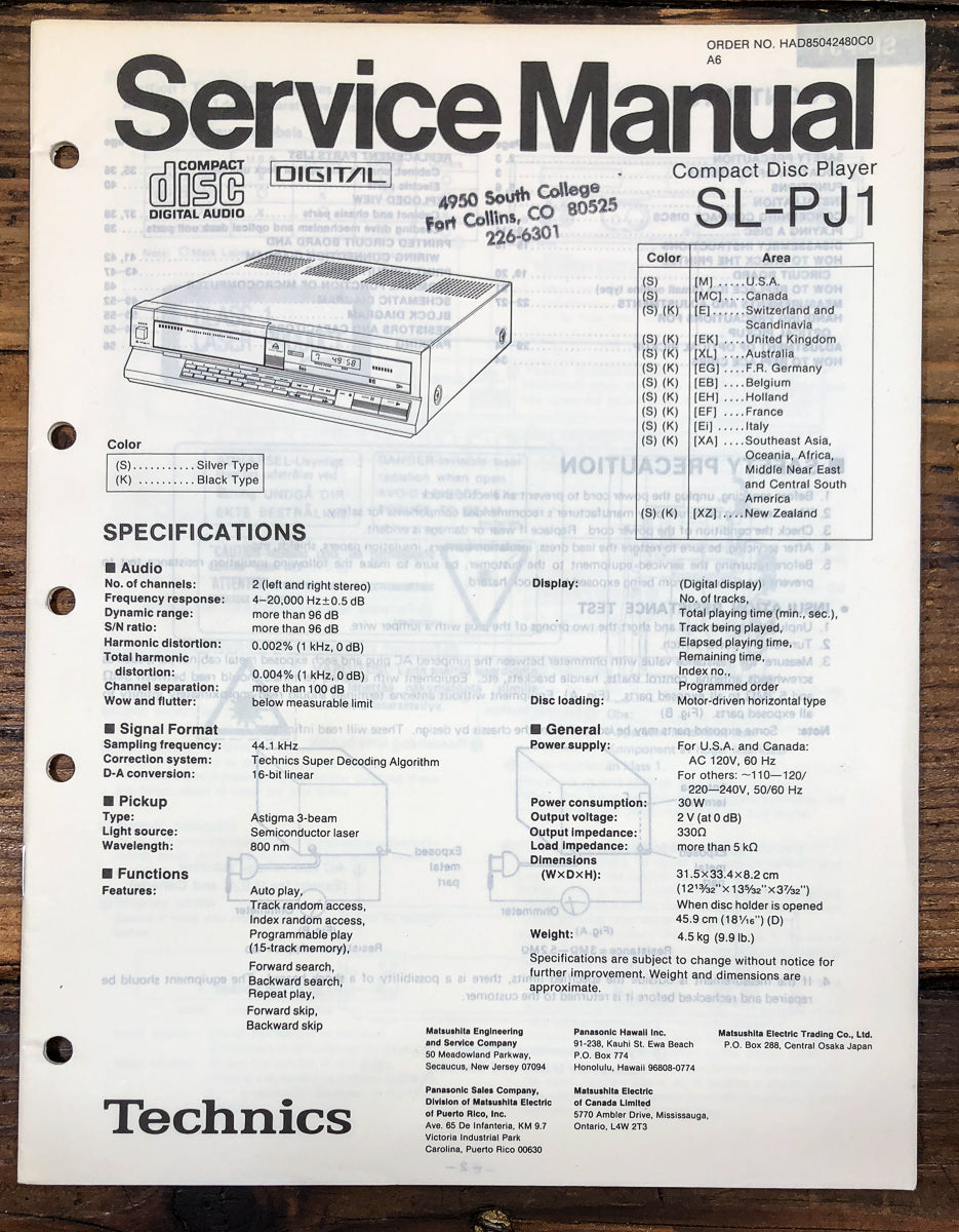 Technics SL-PJ1 CD Player Service Manual *Original*