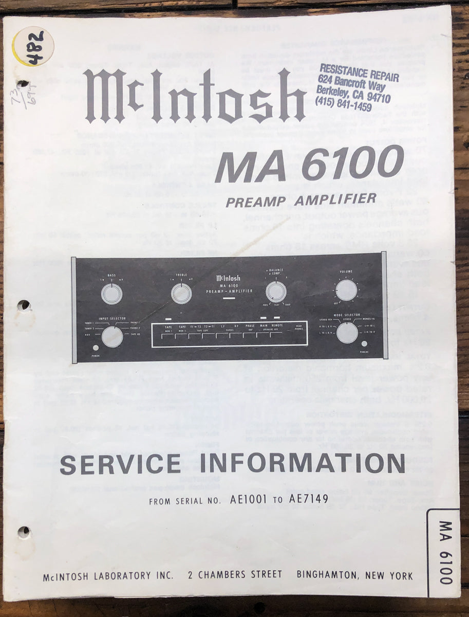 McIntosh MA-6100 MA6100 Amplifier Service Manual *Original*