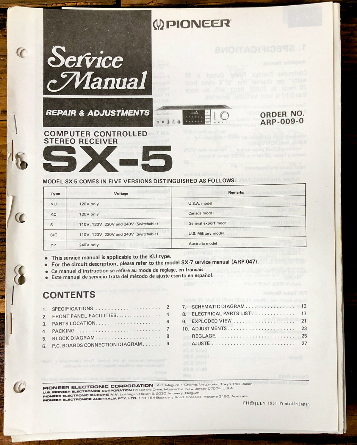 Pioneer SX-5 Receiver Service Manual *Original*