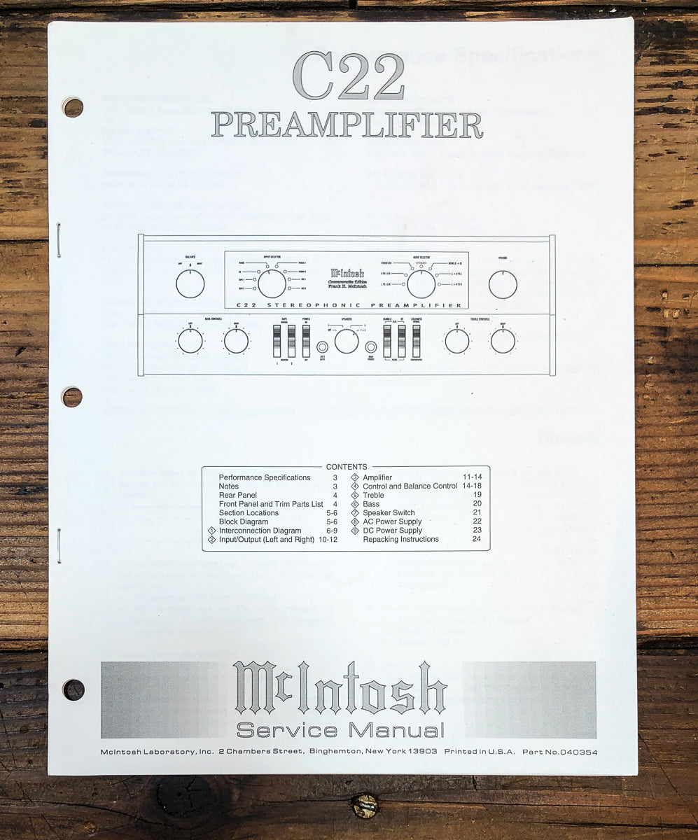 McIntosh C-22 C22 Preamp / Preamplifier Service Manual *Original*