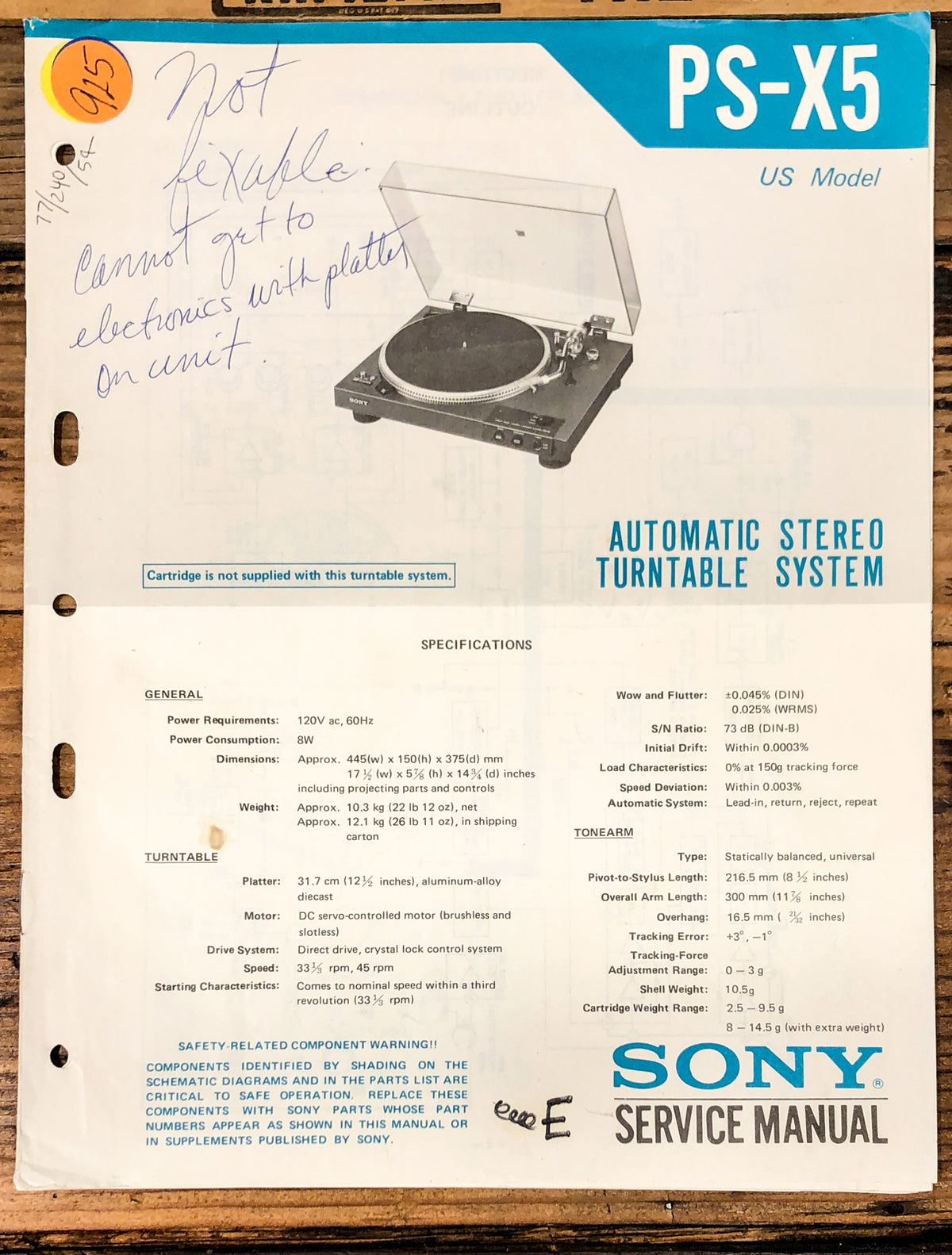 Sony PS-X5 Record Player / Turntable Service Manual *Original*