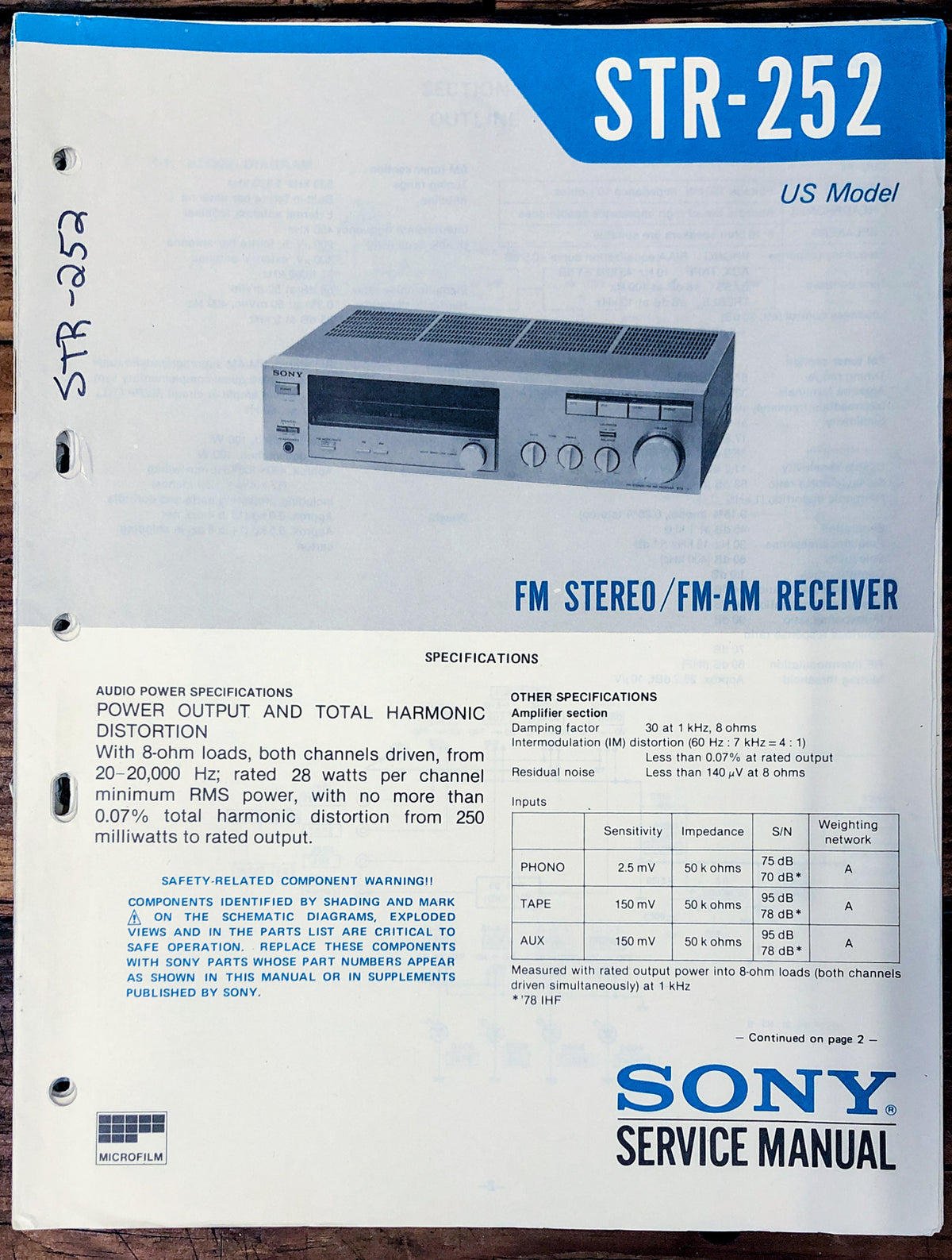 Sony STR-252 Receiver Service Manual *Original*
