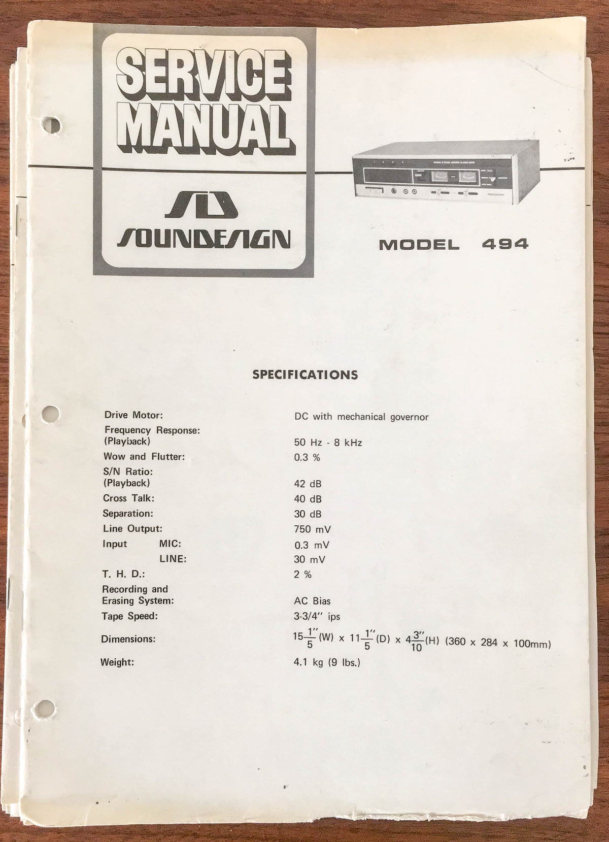 SoundDesign Sound Design Model 494 Service Manual *Original*