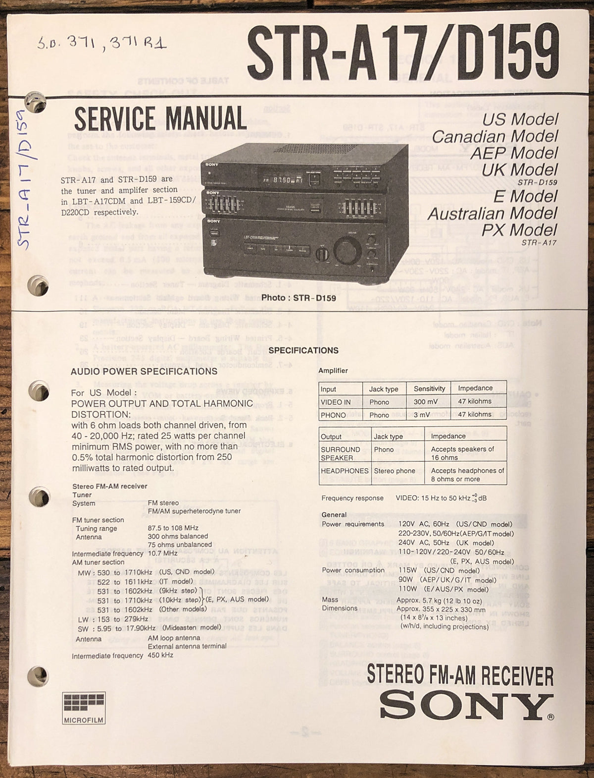 Sony STR-A17 STR-D159 Receiver Service Manual *Original*