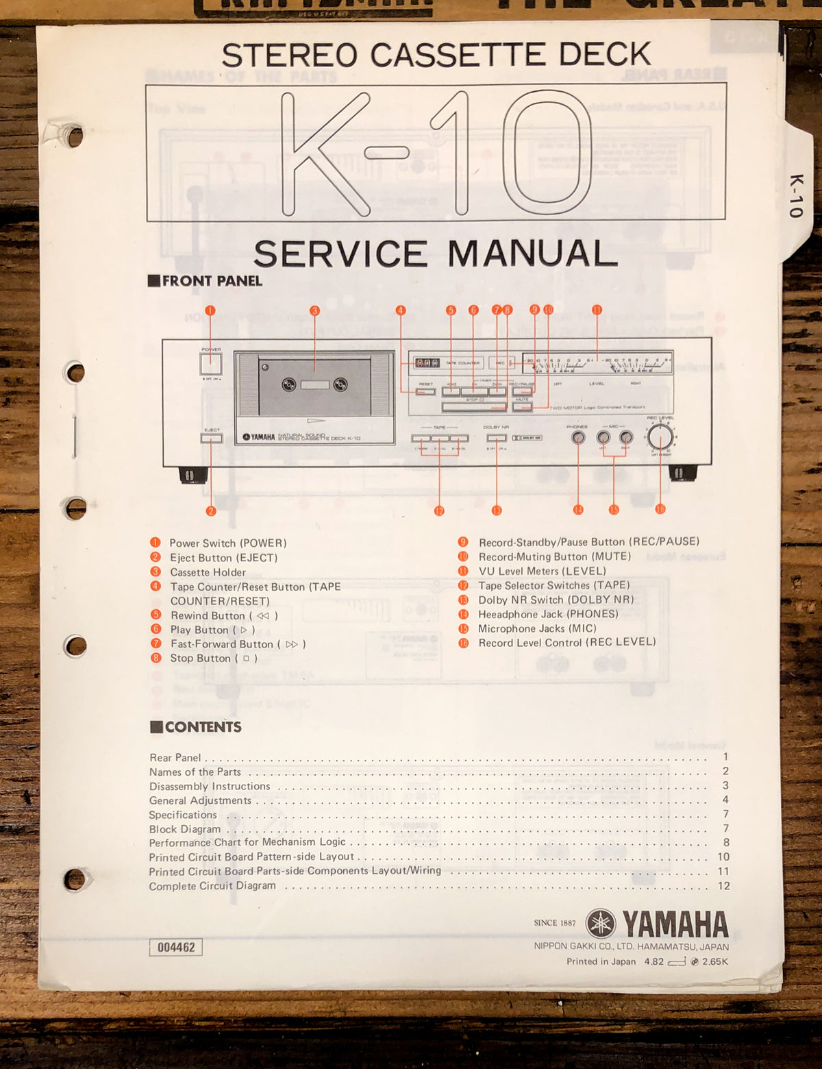 Yamaha K-10 Cassette Service Manual *Original*