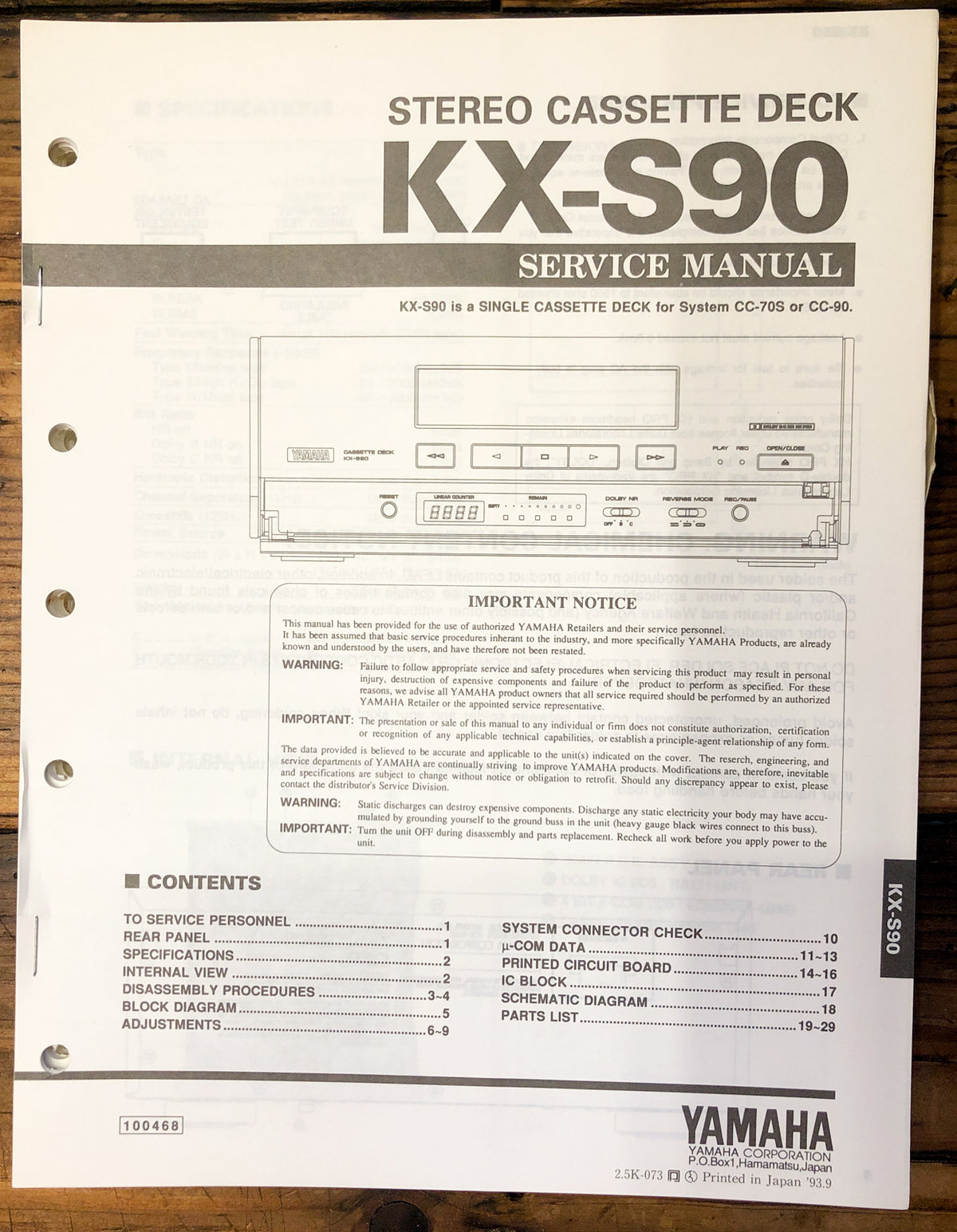 Yamaha KX-S90 Cassette Service Manual *Original*