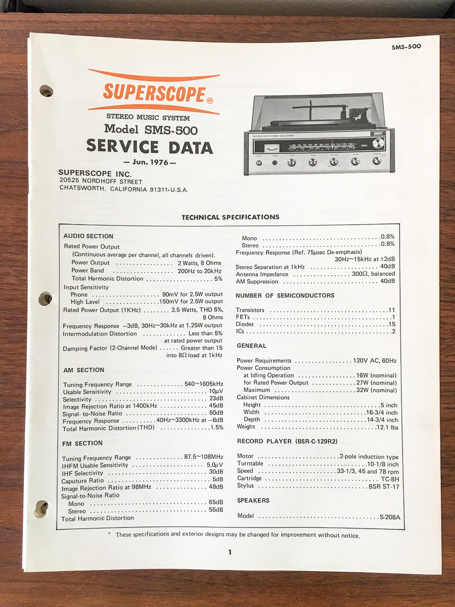 Superscope SMS-500 Music System / Stereo Service Manual *Original*