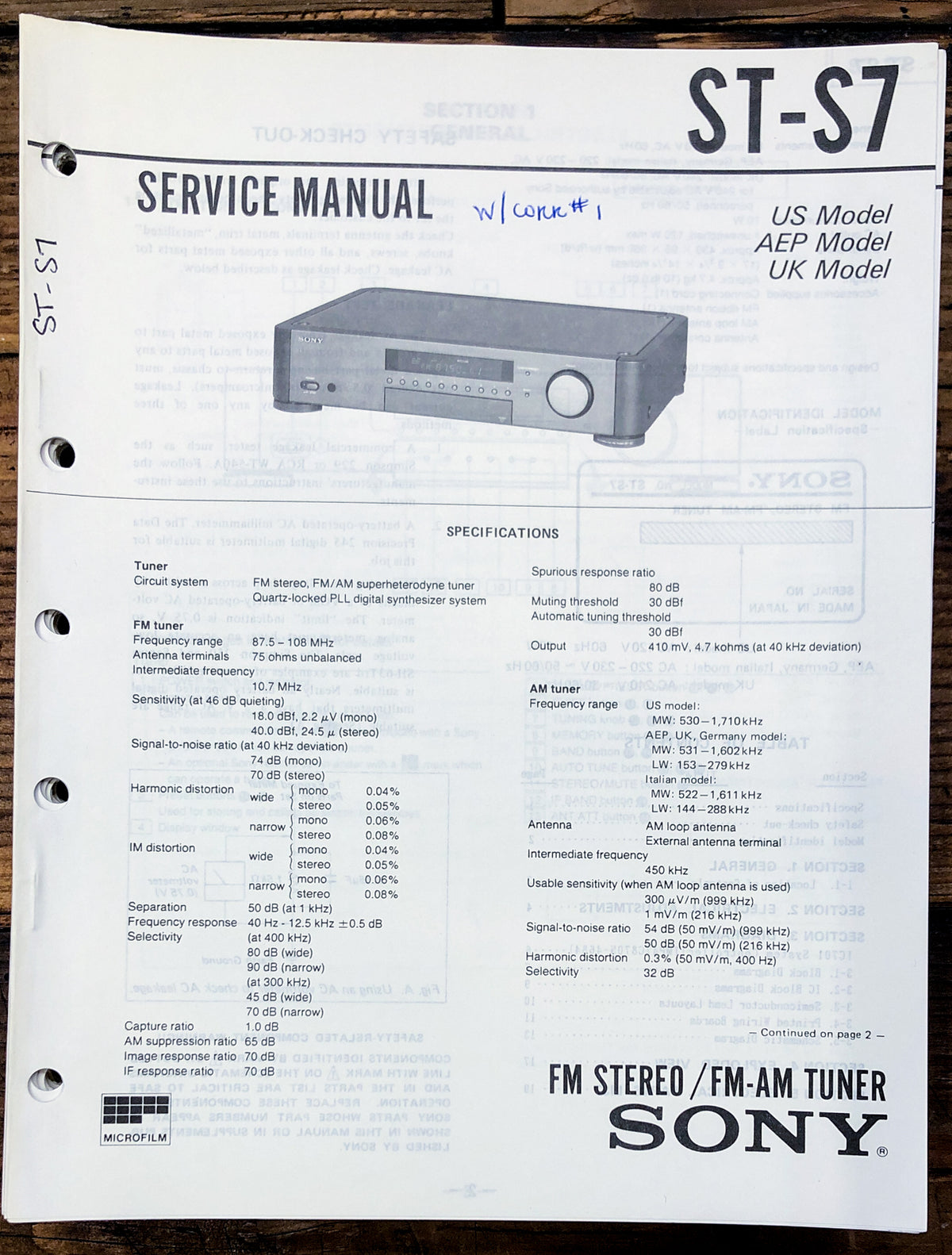 Sony ST-S7 Tuner Service Manual *Original*