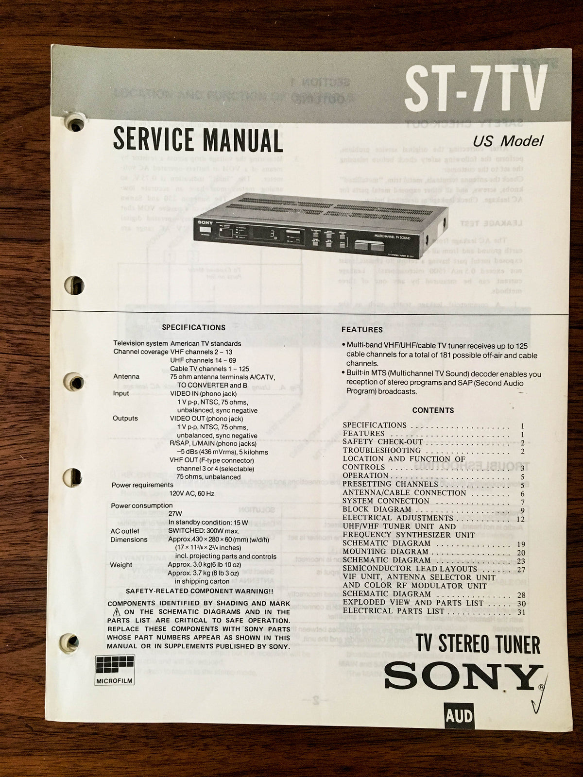 Sony ST-7TV TUNER Service Manual *Original*