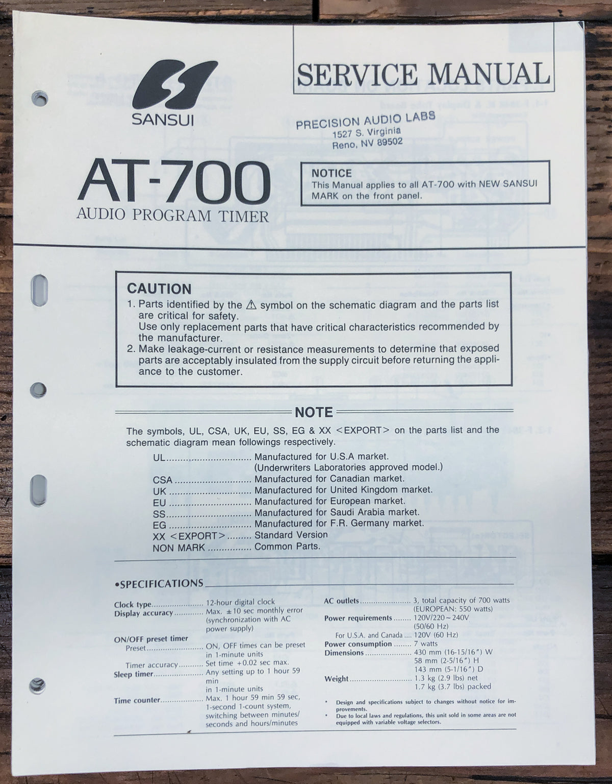 Sansui AT-700 Timer Service Manual *Original*