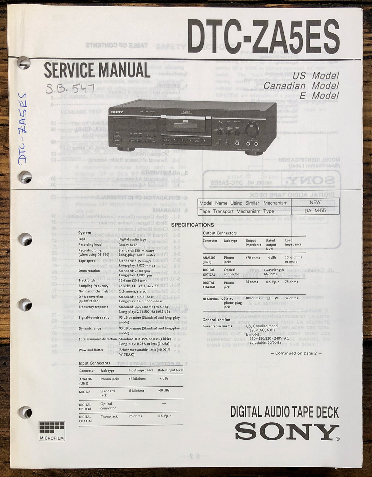 Sony DTC-ZA5ES DAT Tape Deck Service Manual *Original*