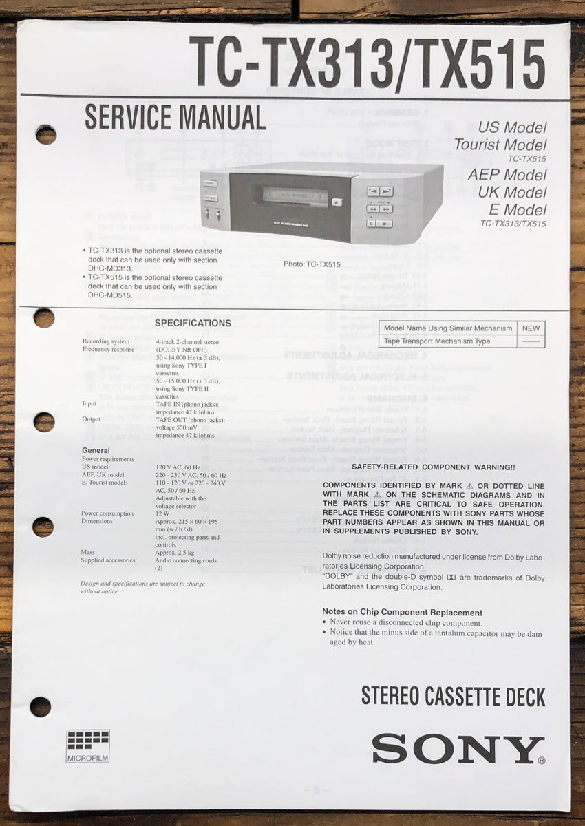 Sony TC-TX313 TC-TX515 Cassette Service Manual *Original*