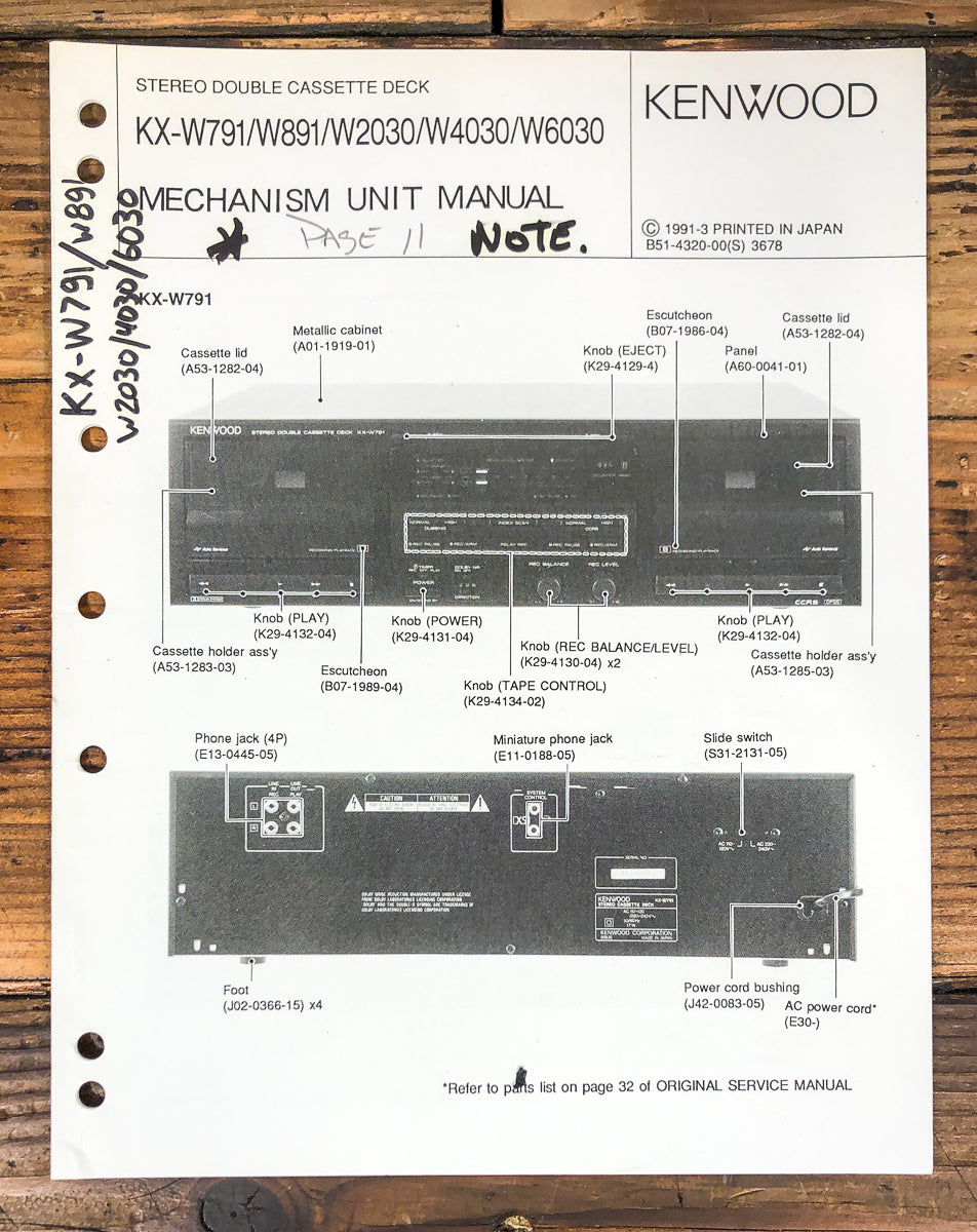 Kenwood KX-W791 -W891 -W2030 -W6040 Cassette Service Manual *Original*