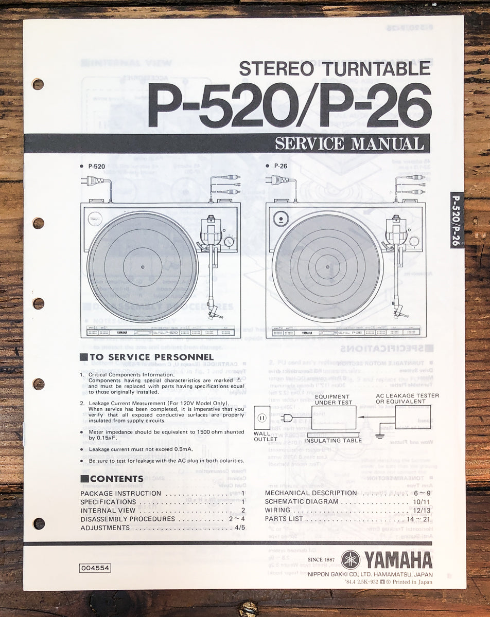 Yamaha P-520 P-26 Record Player / Turntable Service Manual *Original*