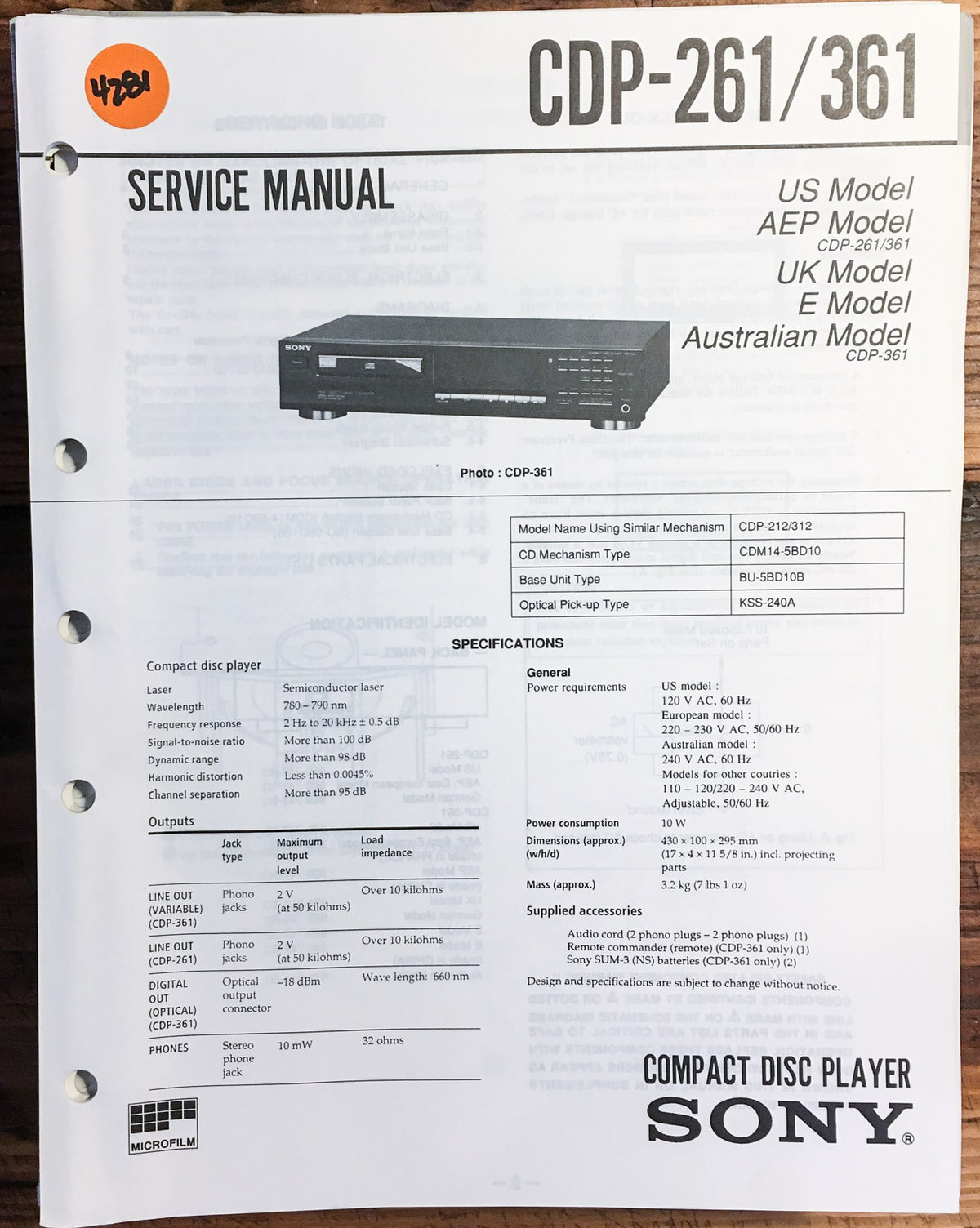 Sony CDP-261 CDP-361 CD Player Service Manual *Original*