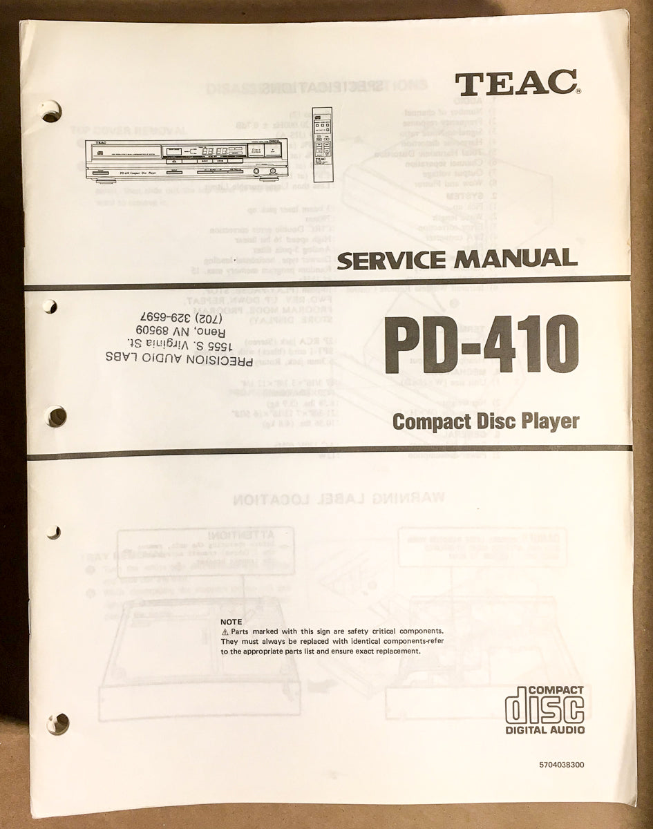 TEAC PD-410 CD Player Service Manual *Original*