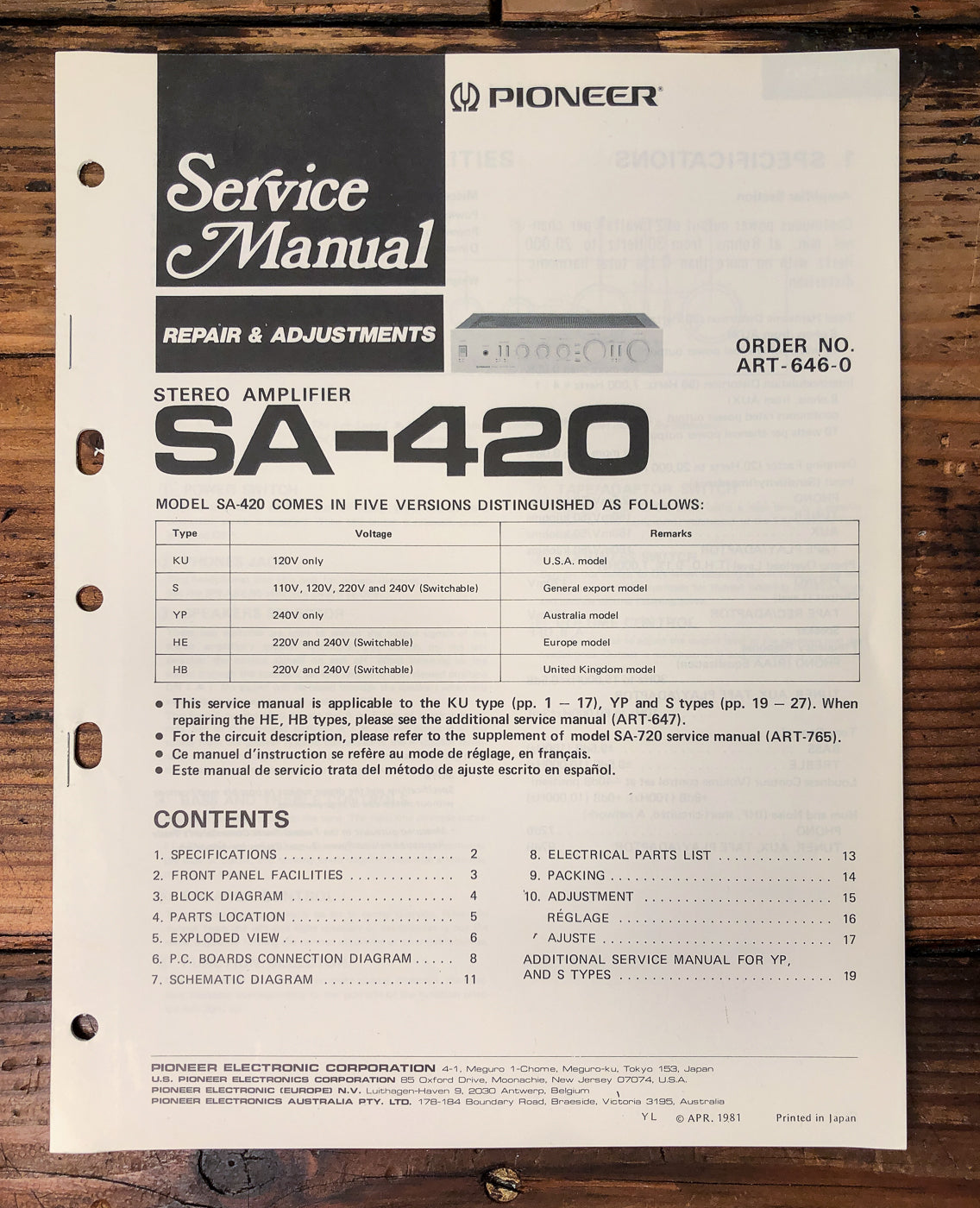 Pioneer SA-420 Amplifier Service Manual *Original*