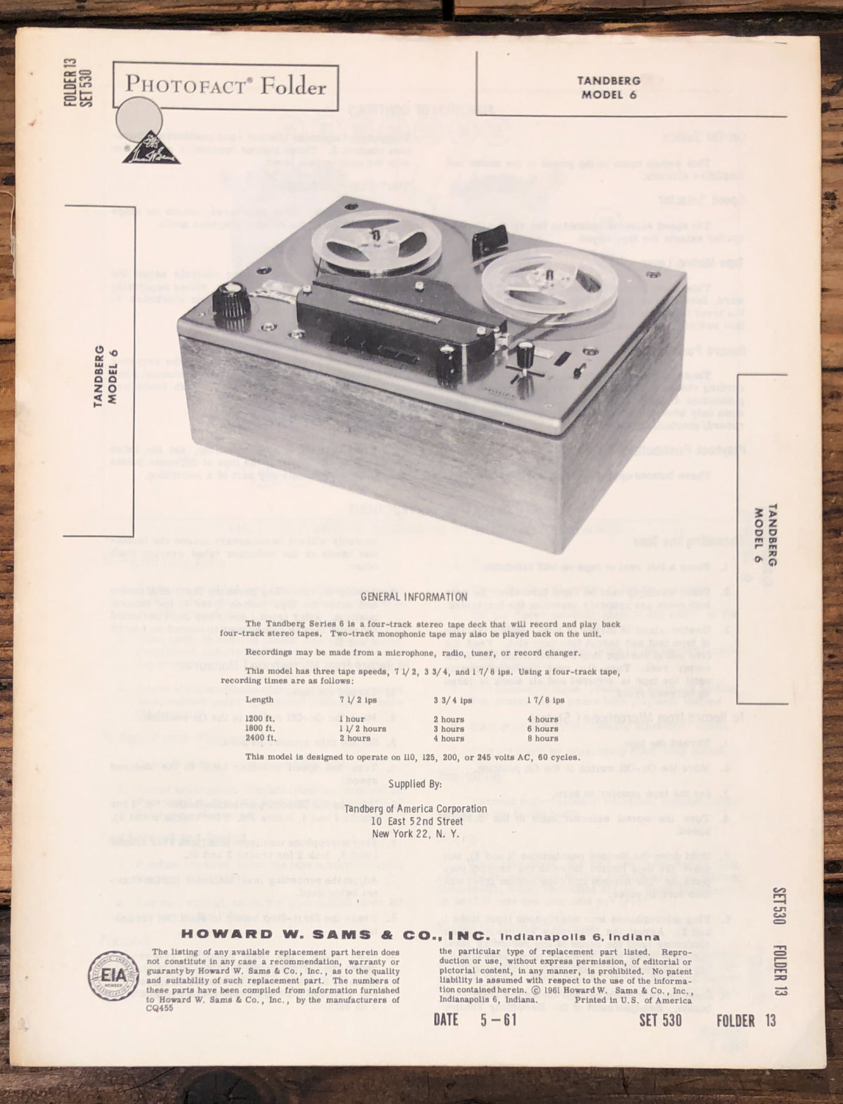 Tandberg Model 6 Tape Recorder Service Manual *Original*