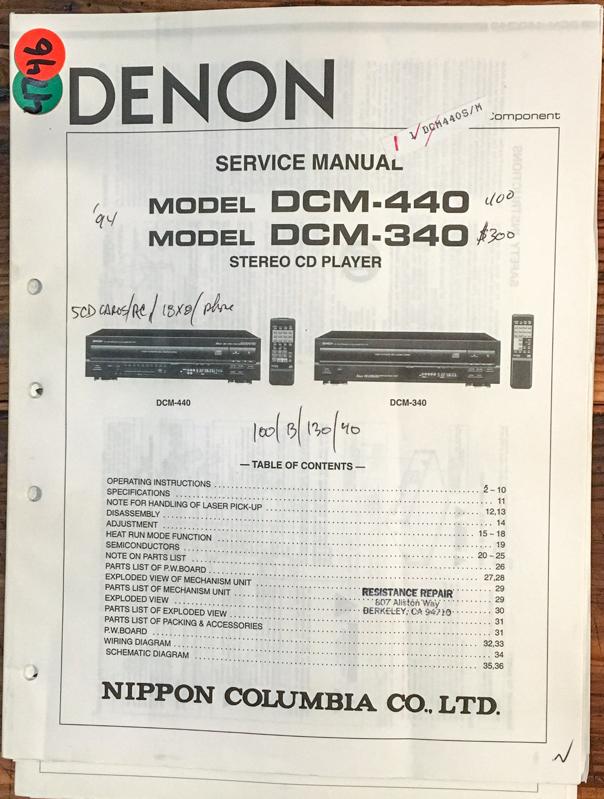 Denon DCM-440 DCM-340 CD Player Service Manual *Original*