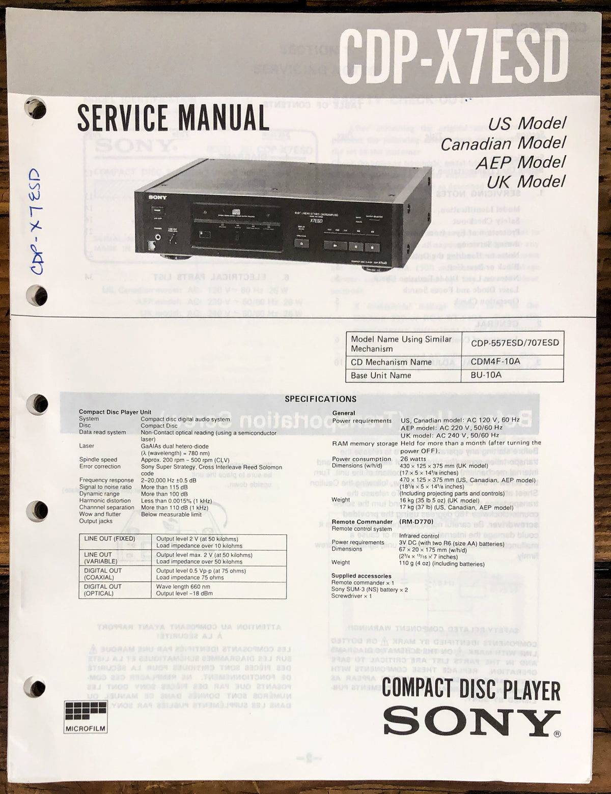 Sony CDP-X7ESD CD Player Service Manual *Original*