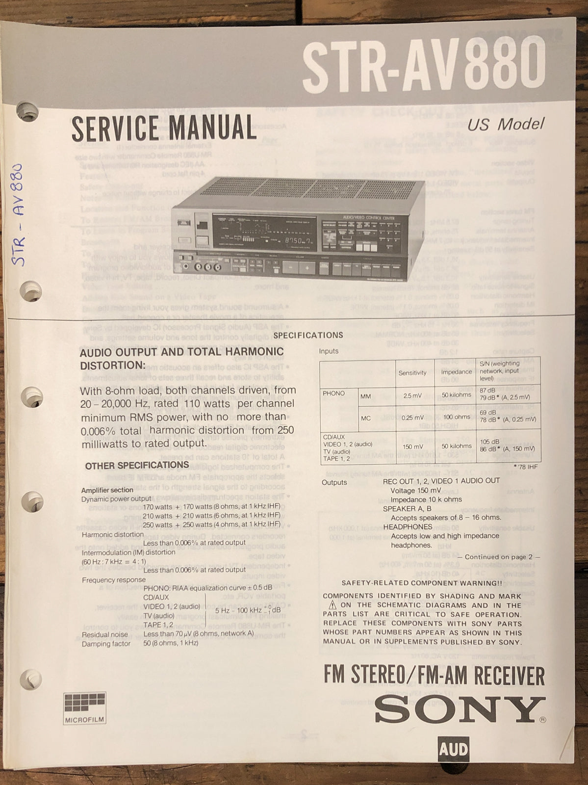 Sony STR-AV880 Receiver Service Manual *Original*