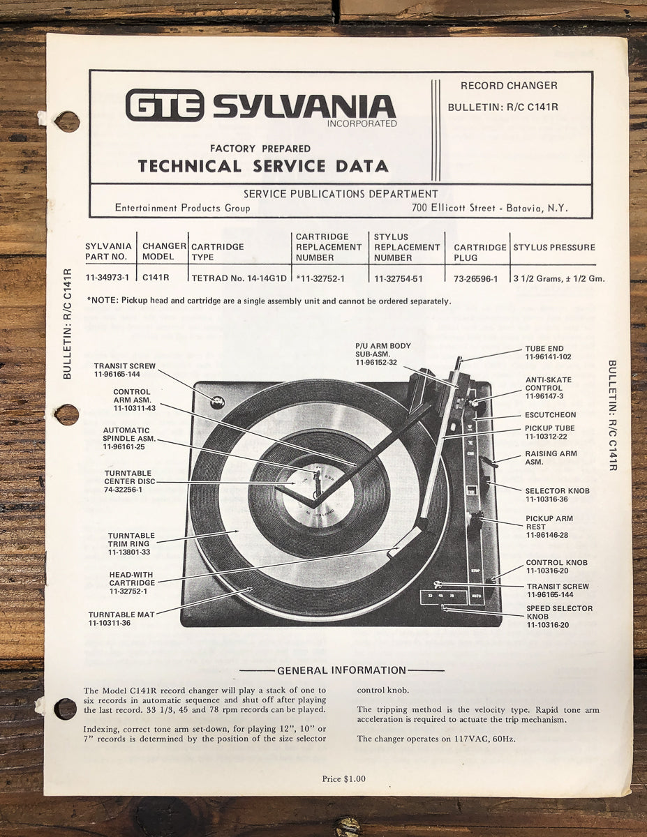 Sylvania / BSR R/C Model C141R Record Changer Service Manual *Original*