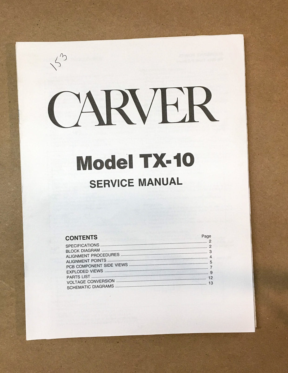 Carver TX-10 Tuner Service Manual *Original*