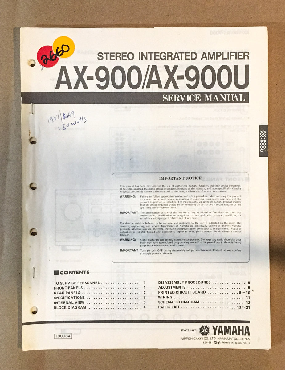 Yamaha AX-900 AX-900U Amplifier Service Manual *Original*