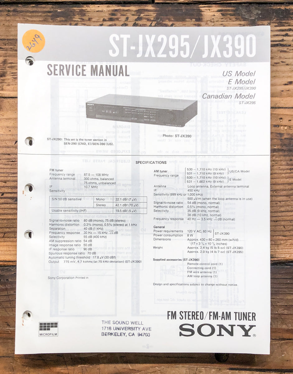 Sony ST-JX295 ST-JX390 Tuner Service Manual *Original*