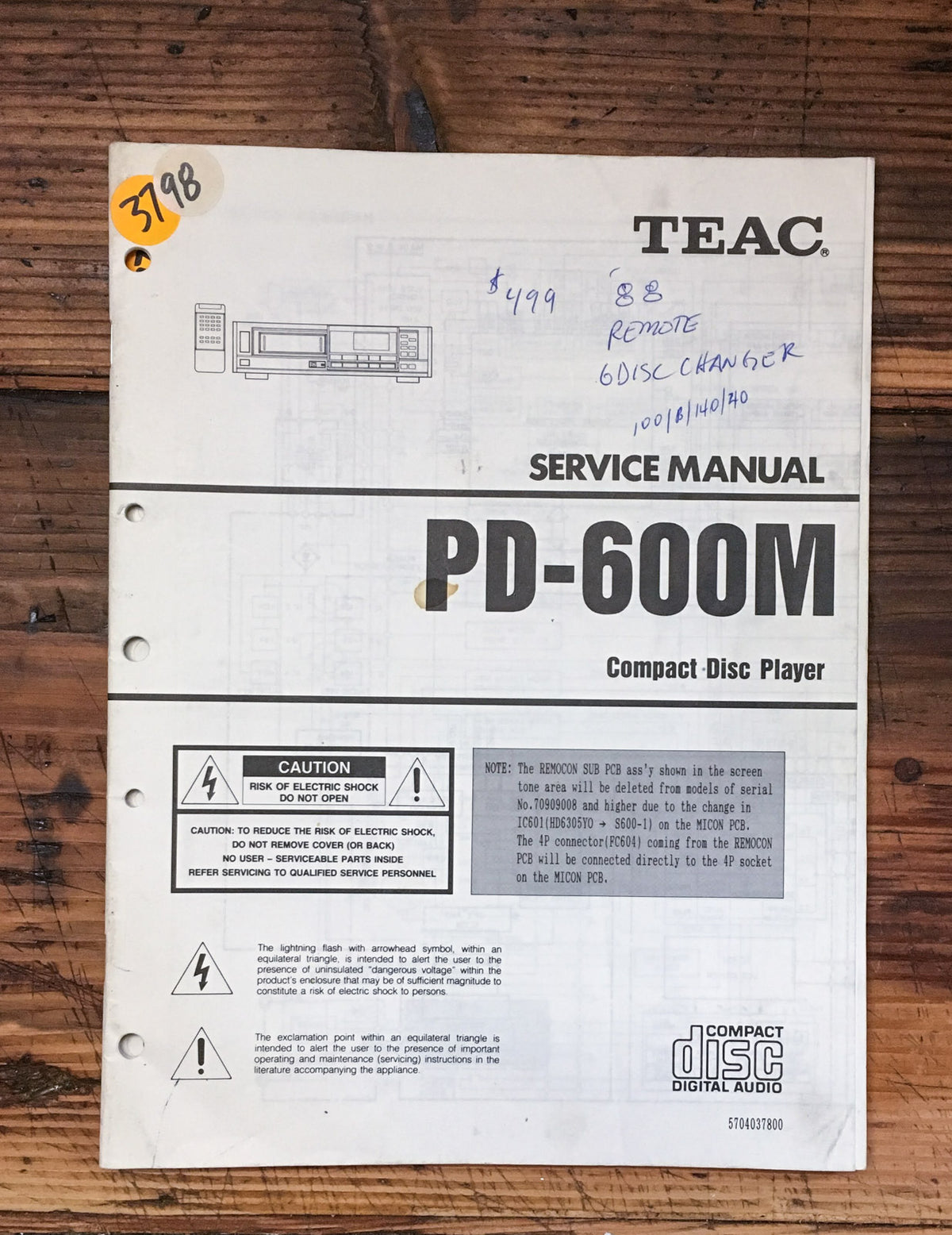 Teac PD-600M CD Player Service Manual *Original*