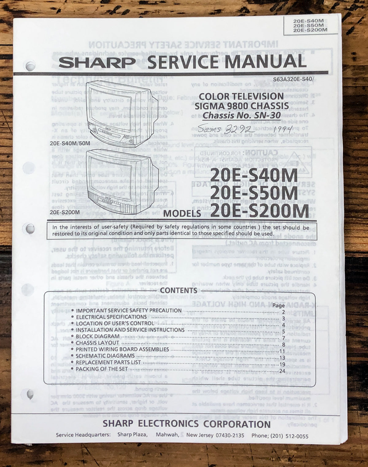 Sharp 20E-S40M S50M S200M TV / Television Service Manual *Original*