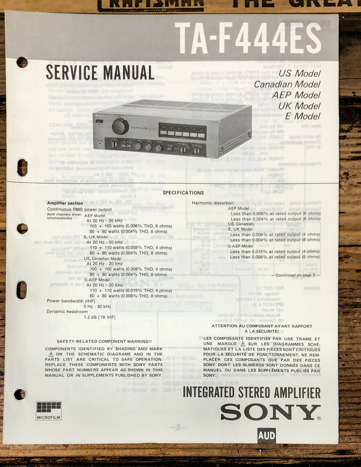 Sony TA-F444ES Amplifier Service Manual *Original*