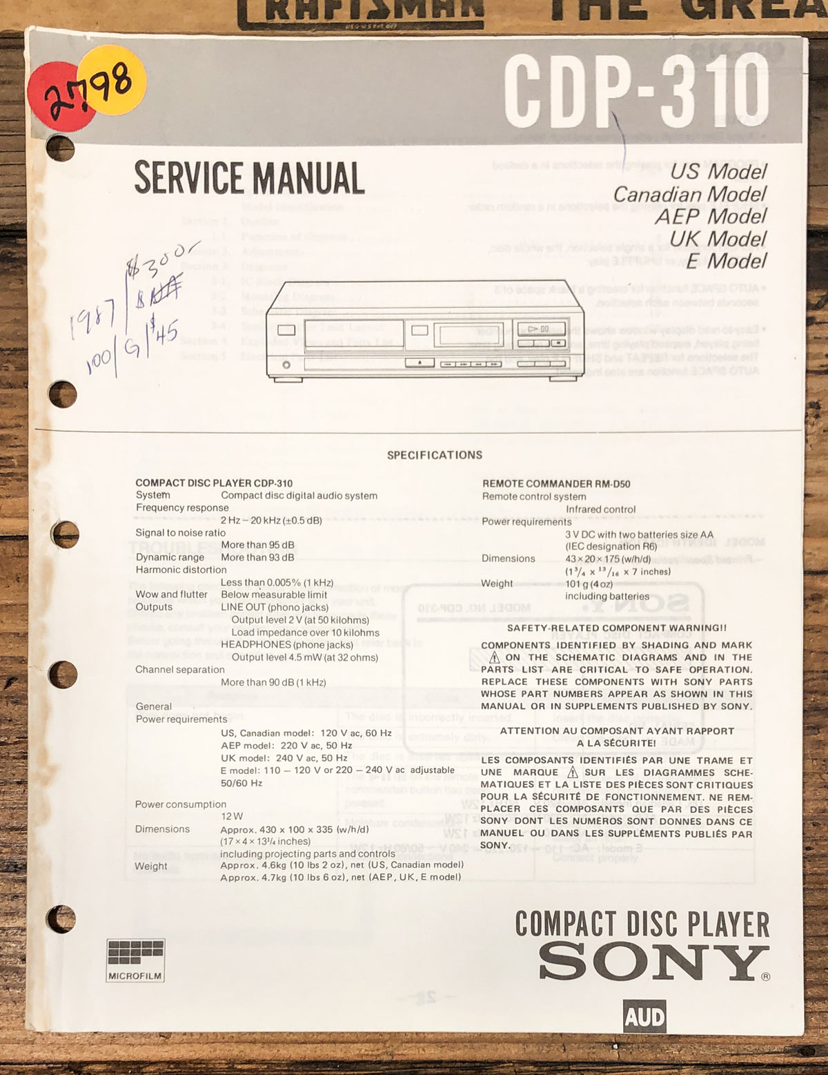 Sony CDP-310 CD Player Service Manual *Original*