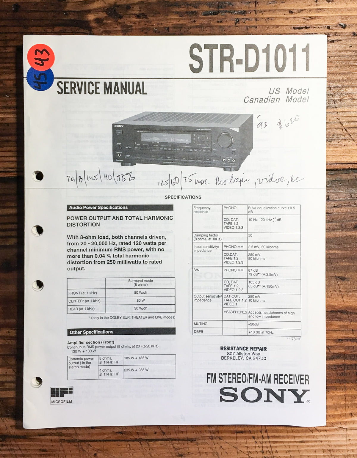Sony STR-D1011 Receiver Service Manual *Original*
