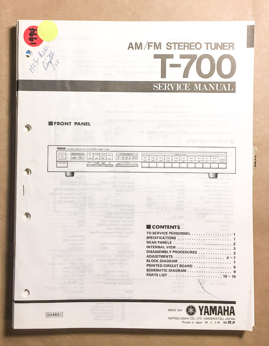 Yamaha T-700 Tuner Service Manual *Original*