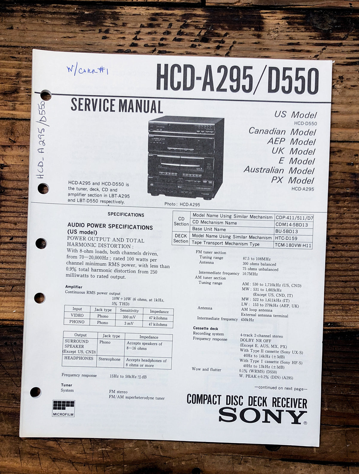 Sony HCD-A295 HCD-D550 Stereo Service Manual *Original*