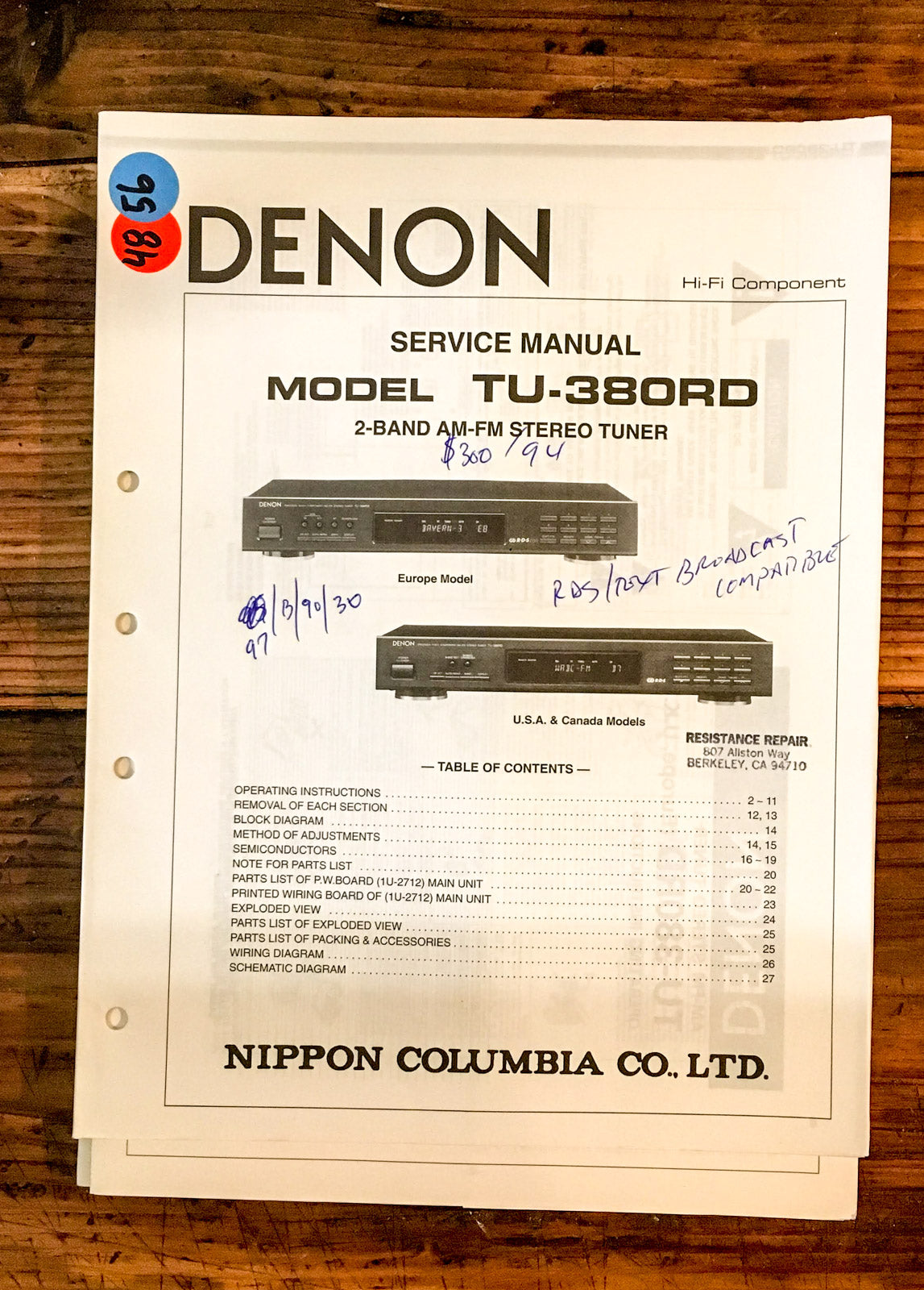 Denon TU-380 RD TU-380RD Tuner Service Manual *Original*