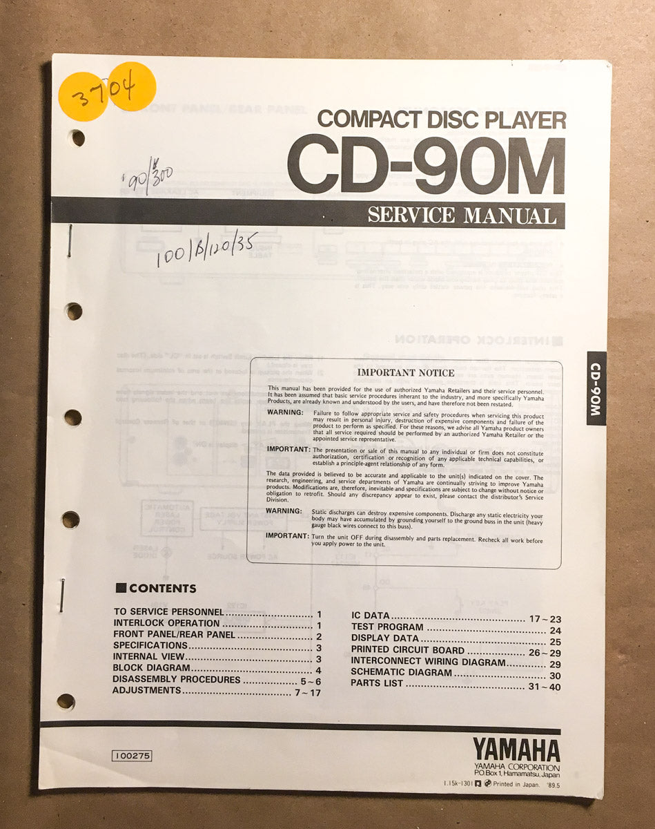 Yamaha CD-90M CD Player Service Manual *Original*