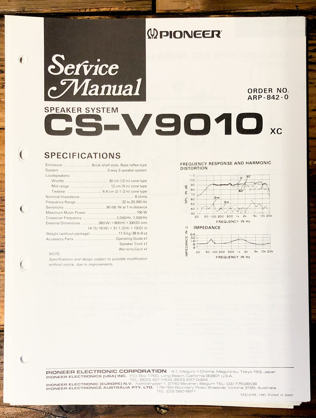 Pioneer CS-V9010 Speaker Service Manual *Original*