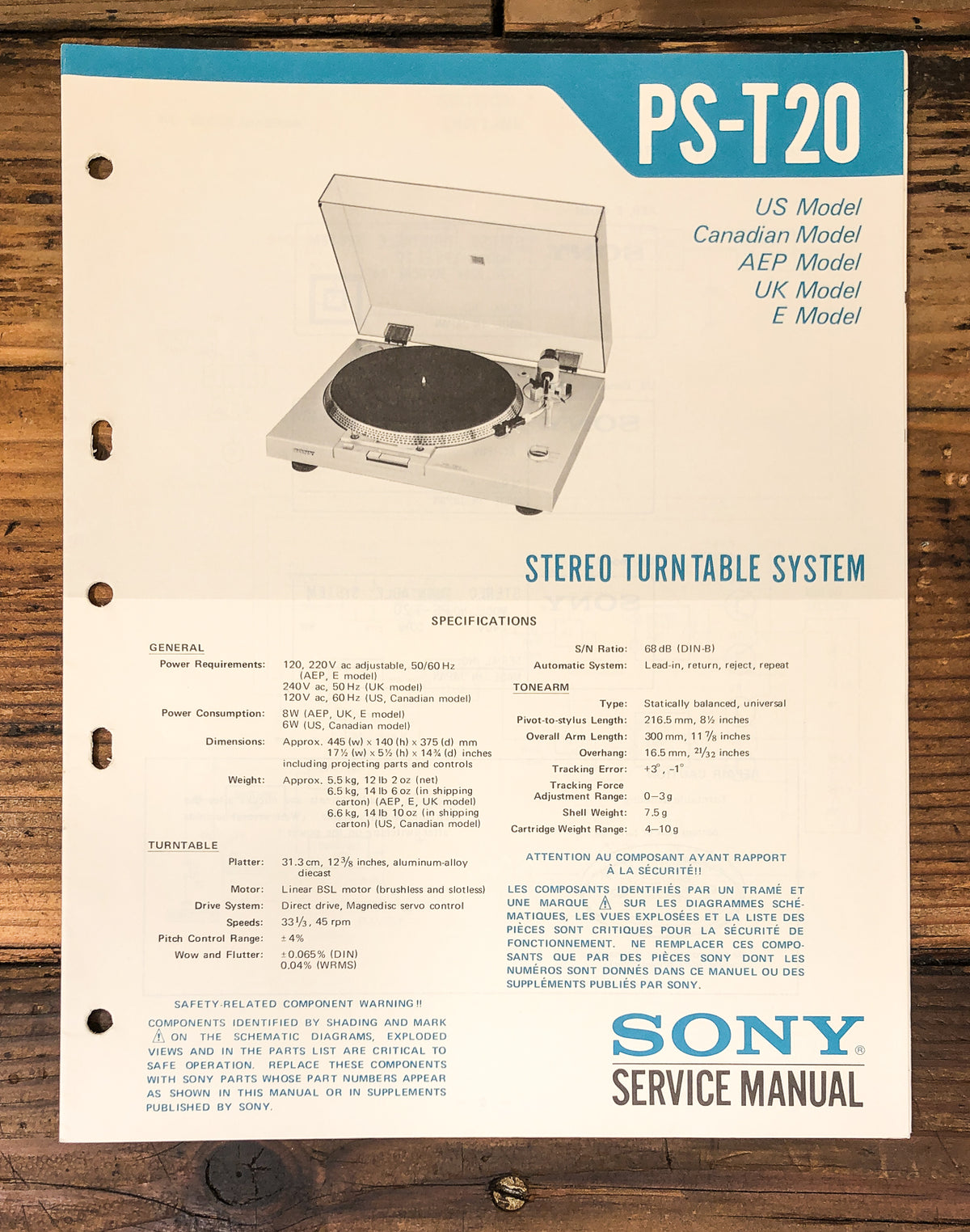 Sony PS-T20 Record Player / Turntable Service Manual *Original*