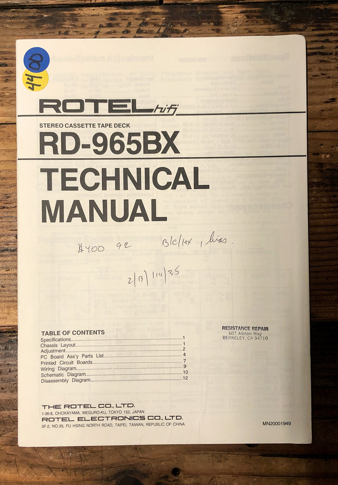 Rotel RD-965BX Cassette Service Manual *Original*